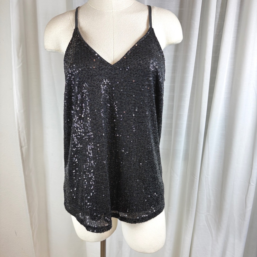 Miduo Black Sequin Camisole Tank Top V-Neck Racerback Size Large concert NEW
